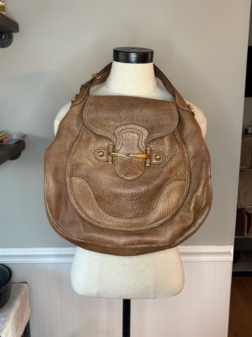 Gucci Brown Pebbled Leather Shoulder Bag with Gold Hardware